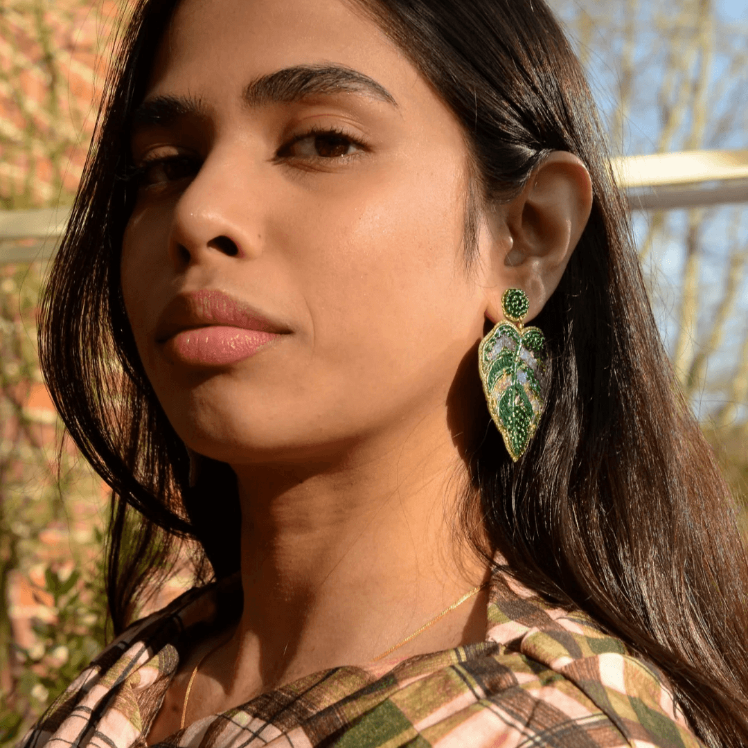 Monstera Leaf Beaded Earrings